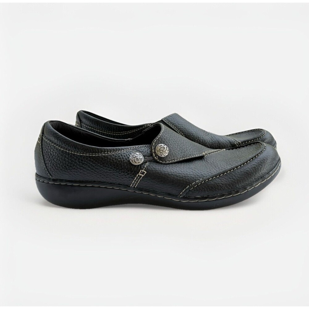 Clarks Collection Women’s Leather Button Slip-On Comfort Wedge – Size 11 Black